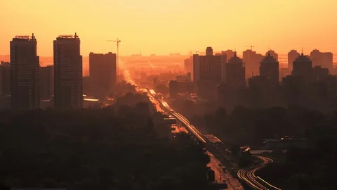 Silhouette townscape break of dawn Stock Footage 129925393