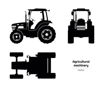 Silhouette of tractor. Side, front, top view of agriculture machinery Stock Illustration