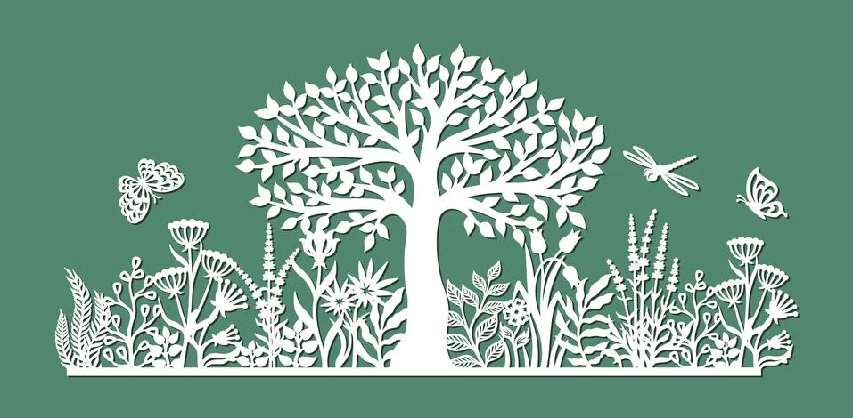 Silhouette of tree, grass and flowers.  Stock Illustration