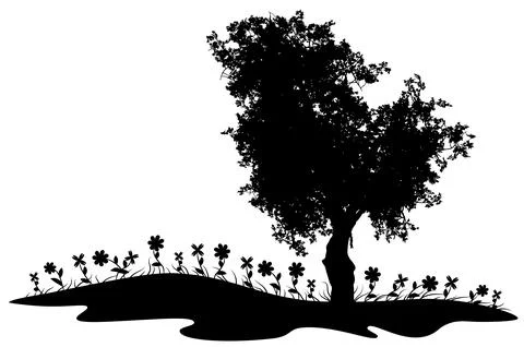 Silhouette of tree with grass Stock Illustration