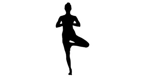 Silhouette Tree pose, standing on one leg, hands in Namaste, pra Stock-Illustration