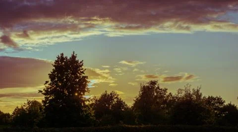 Silhouette of a tree with the sun behind the tree and orange clouds. Stock Photos