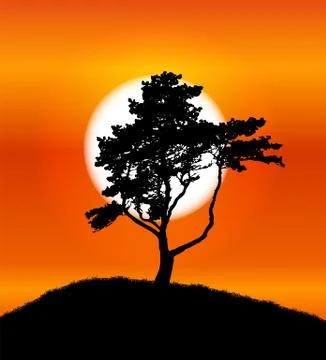 Silhouette of Tree on Sunset Background. Vector Illustration Ilustración de archivo