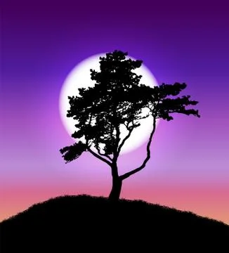 Silhouette of Tree on Sunset Background. Vector Illustration Ilustración de archivo