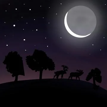 Silhouette of trees and animals on midnight on beautifull moon light. Stock Illustration