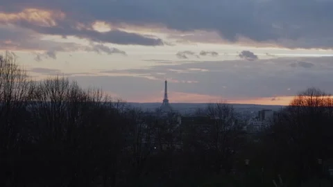 Silhouette Of Trees And Eiffel Towel During Sunset In Paris, France. - wide Stock Footage 247431225