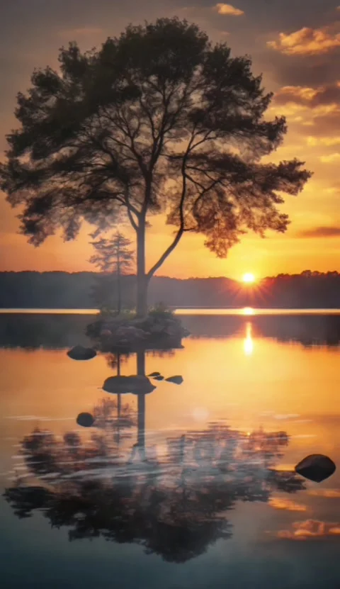 Silhouette of trees on the edge of the lake at sunset. Stock Footage 280528508