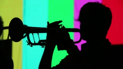 Silhouette Man Standing And Trumpet Melody., People Stock Footage