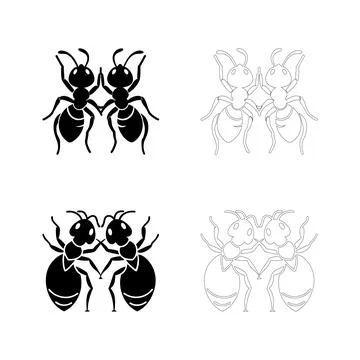 Silhouette of two ants facing each other, bold flat black vector Stock Illustration