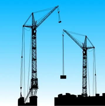 Silhouette of two cranes working on the building. vector illustration. Ilustración de archivo