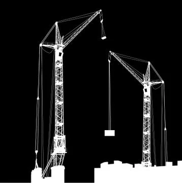 Silhouette of two cranes working on the building. vector illustration. Ilustración de archivo