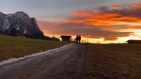 Silhouette of two lovers walking at sunset among nature Video stock 233258218