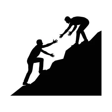 Silhouette of two men helping each other climb a steep mountain cliff face .. Stock Illustration