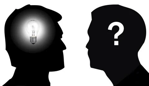Silhouette of two men, one with a light bulb on his head to illustrate the Illustrazione stock