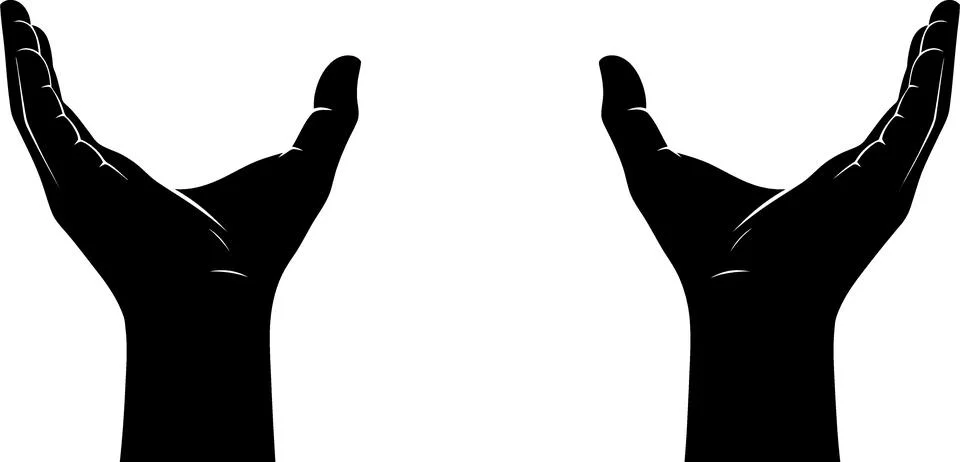 Silhouette of two open hands reaching up against a white background Ilustração Stock