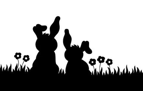 Silhouette of two rabbits on meadow Stock Illustration