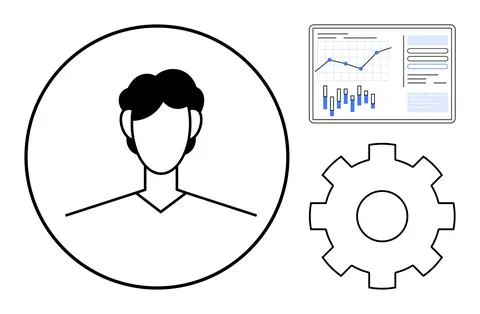 Silhouette of a user within a circle, bar and line chart with analytics, and  Stock Illustration