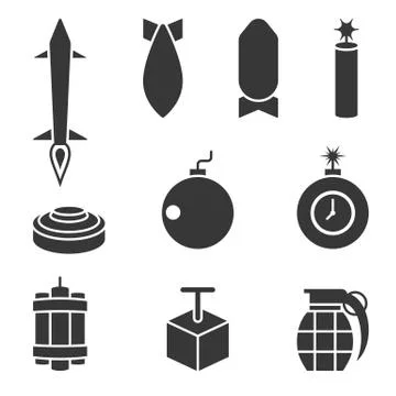 Silhouette vector bomber and dynamite icons set Stock Illustration