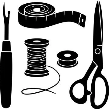 Silhouette vector set of tailoring and sewing tools featuring scissors, spo.. Stock Illustration