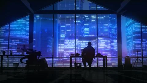 Silhouette of a videographer in the studio opposite a large business center. 스톡 일러스트