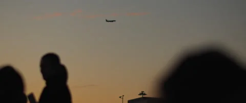 Silhouette view of people looking to the seaside, while plane flying up in th Stock Footage 147567986
