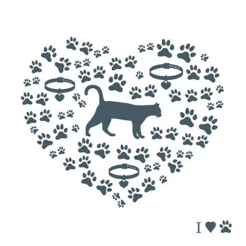 Silhouette walking cat inside the heart from tracks and collars. Health care, Stock Illustration