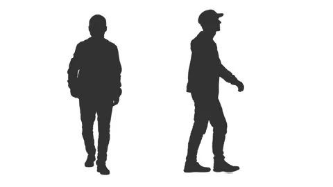 Silhouette of walking man in jacket and cap, 2 in 1, alpha channel Видео 85667690