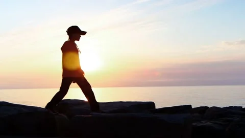 Silhouette of walking at sunset from left to right side Stock Footage 201488891