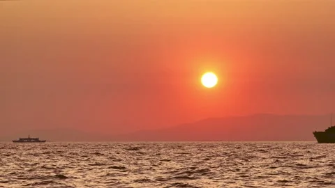 Silhouette Of Warship In The Sunset Stock Footage 219650577