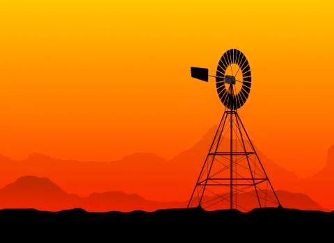 Silhouette of a water pumping windmill at the desert Stock Illustration