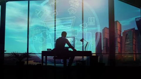 Silhouette of a web designer working on infographic background. Illustrazione stock