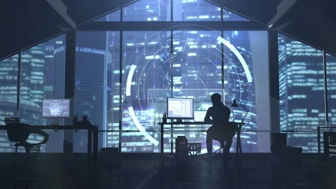 Silhouette of a web developer on the background of evening skyscrapers Stock Footage 121137113
