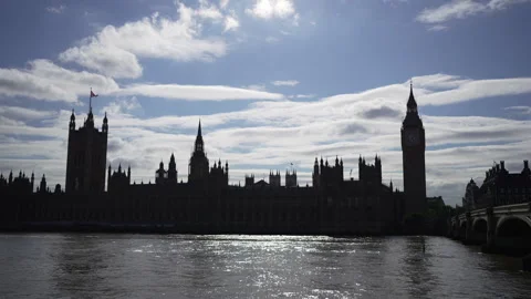 Silhouette of Westminster and Big Ben on Sunny Day Stock Footage 281062437