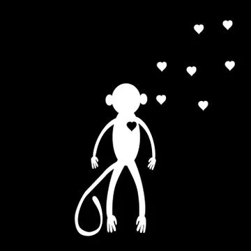 Silhouette white monkey black background hearts Stock Illustration