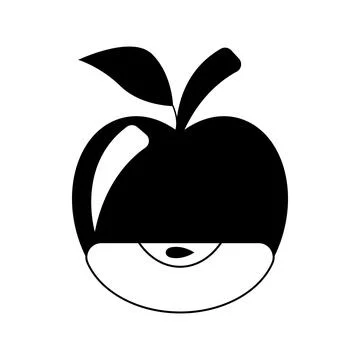 Silhouette whole apple with a slice and seed inside. Apple with branch and leaf. Stock Illustration