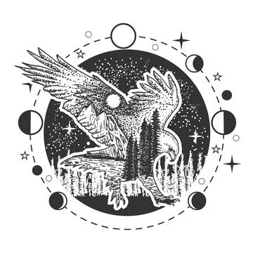 Silhouette of wild eagle over night forest boho style bird Ilustração Stock
