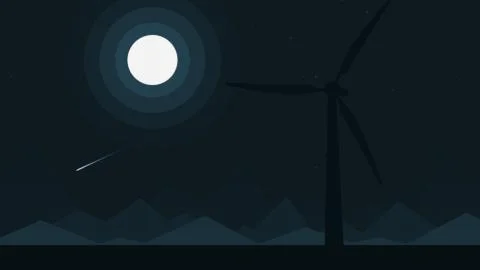 Silhouette of a wind generator at full moon night, cartoon illustration Ilustração Stock