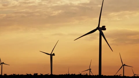 Silhouette of Wind Turbines Against a Dramatic Orange Sunset Sky 動画素材 296931013