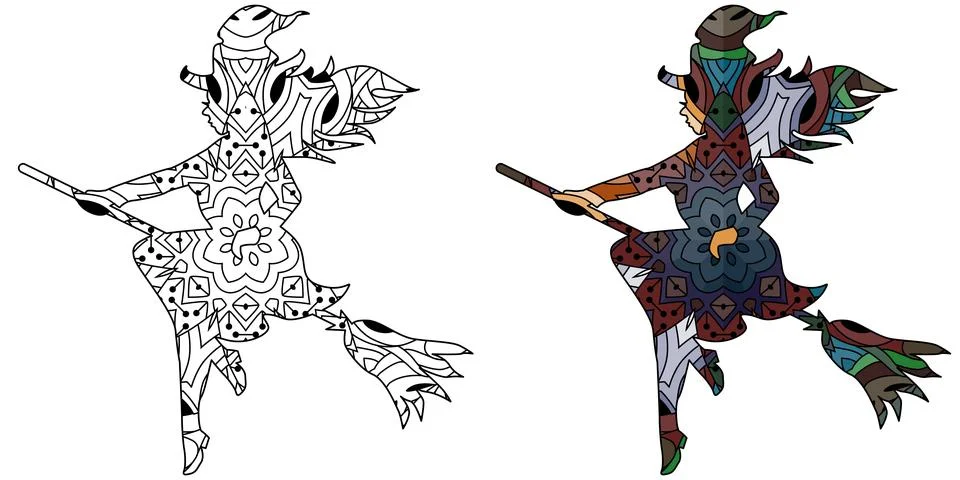 Silhouette of a witch decorative with a pattern. Vector zentangle object for Stock Illustration
