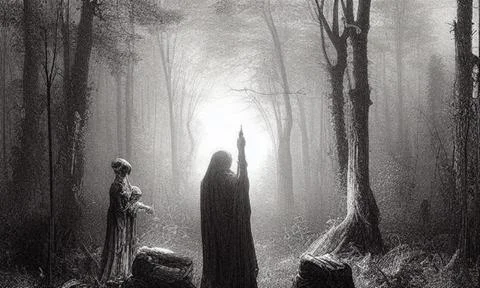 Silhouette of a witch in the forest Stock Illustration