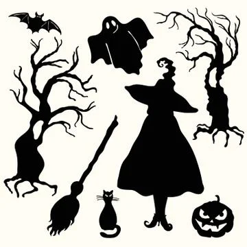 Silhouette witch, pumpkin lantern, ghost, trees, cat, broom and bat Stock Illustration
