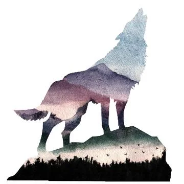Silhouette of a wolf and forest. Double multiple exposure in watercolor paint Stock Illustration
