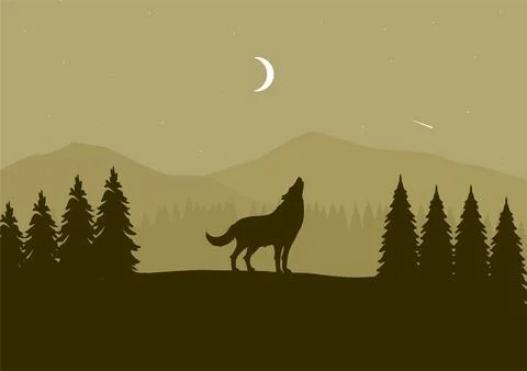 Silhouette of a wolf in the forest vector Stock Illustration