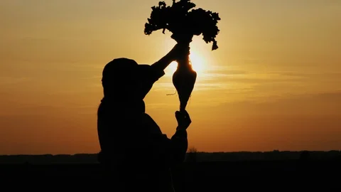 Silhouette of a woman holding sugar beets in the field Stock Footage