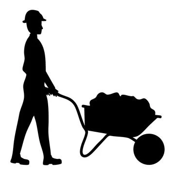 Silhouette of worker man pushing the wheelbarrow Stock Illustration