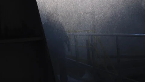 Silhouette of worker walking through drop cloud at plant Stock Footage 114833752