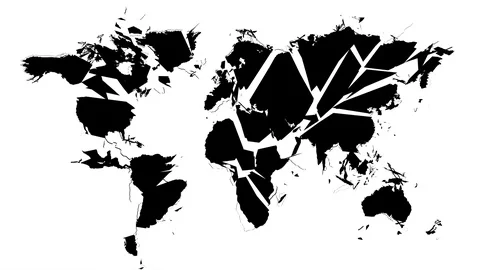 Silhouette of world map explodes into pieces and falls to the ground - on white 库存影片 98937484