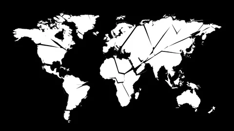 Silhouette of world map explodes into pieces and falls to the ground - on black 库存影片 98939436