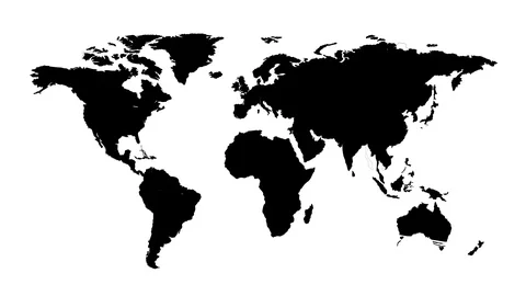 Silhouette of world map falls to ground and breaks into pieces, on white (4k) Video stock 98545681