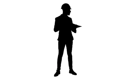 Silhouette Young architect in helmet checking construction plans Vídeo Stock 73622802